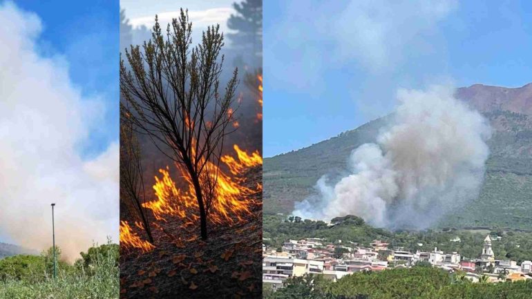 Incendio sul Vesuvio tra Torre del Greco e Trecase : torna la paura delle fiamme
