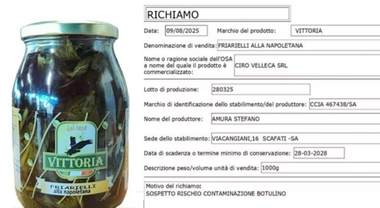 Allarme botulino nei friarielli: richiamati due marchi prodotti a Scafati