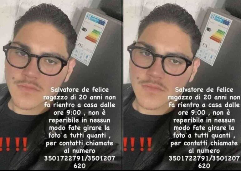 Pozzuoli, scomparso da oltre 24 ore il 20enne Salvatore De Felice: l’appello della famiglia