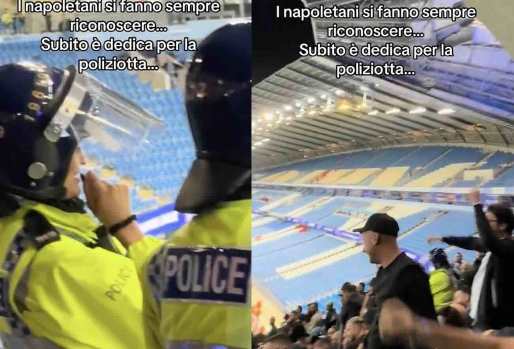Virale il video dei tifosi del Napoli che cantano “I love you baby” alla bella poliziotta inglese