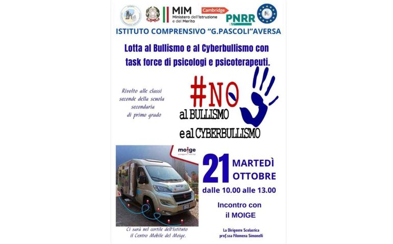 Aversa, il 21 ottobre alla scuola media “Pascoli” l’evento “no al bullismo ed al cyberbullismo”