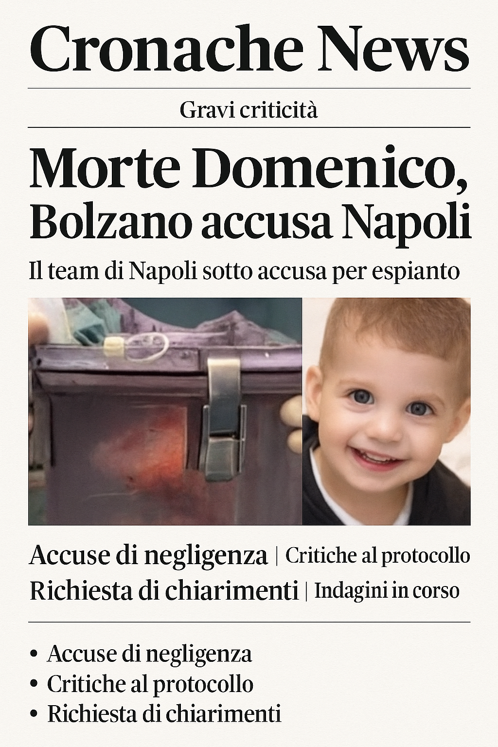 Morte Domenico, Bolzano scarica sul team di Napoli: «Gravi criticità nell’espianto»