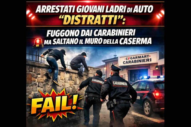 Ladri di auto «distratti»: fuggono dai Carabinieri ma saltano il muro della caserma. Arrestati