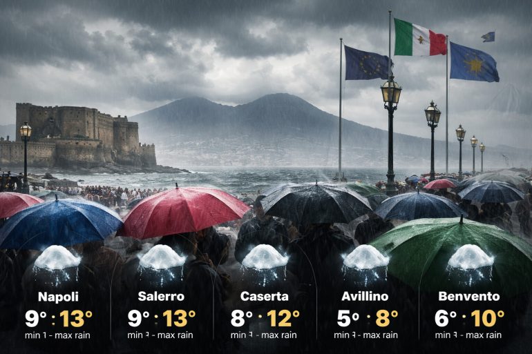 Meteo Campania: rovesci e piogge diffuse oggi, temperature da 5° a 13° e venti fino a 27 km/h