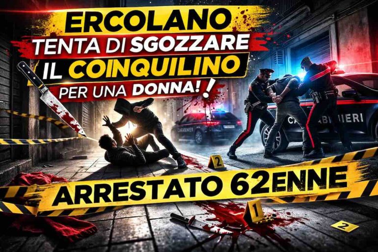 Sangue a Ercolano nel giorno del compleanno: cerca di sgozzare il coinquilino per una donna, arrestato 62enne