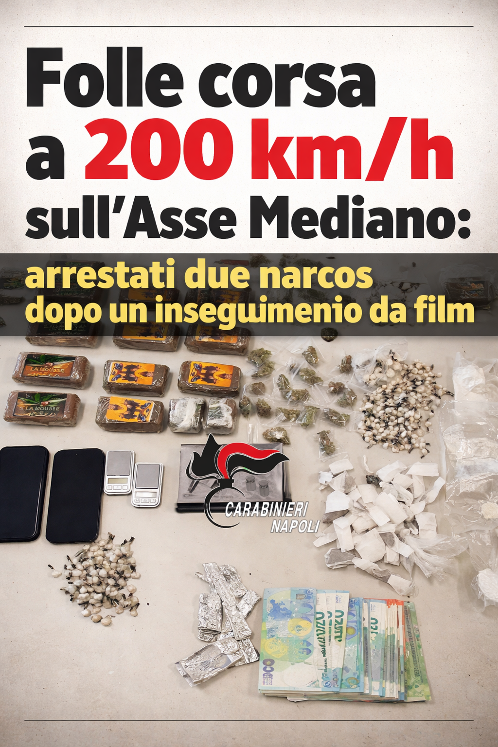 Folle corsa a 200 km/h sull’Asse Mediano: arrestati due narcos dopo un inseguimento da film