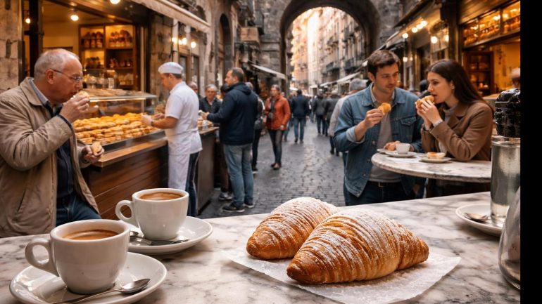 Il rito mattutino del cornetto di sfogliatella a Port’Alba tra tradizione e modernità