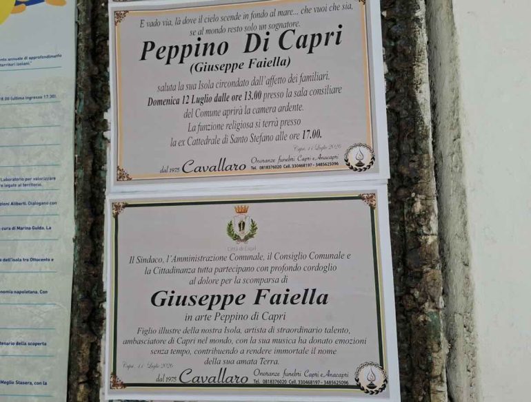 Peppino Di Capri, domani l’ultimo saluto sull’isola: lutto cittadino e camera ardente in Comune