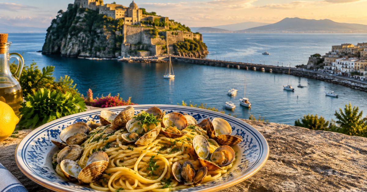 Ischia, il Castello Aragonese e gli spaghetti alle vongole: il sapore del mare nel panorama del Golfo