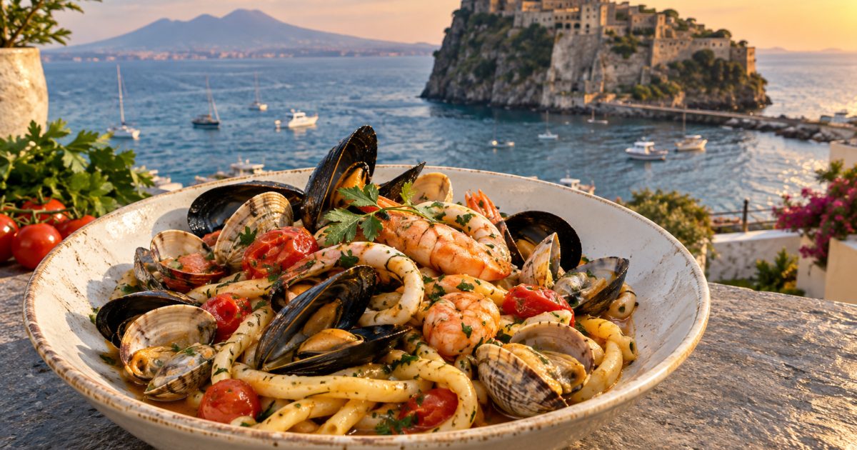 Ischia, scialatielli ai frutti di mare davanti al Castello Aragonese