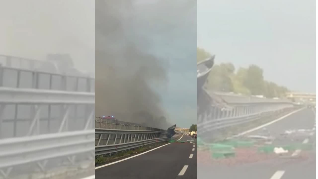 Tir si schianta e prende fuoco sulla A2: il conducente muore, parte della cabina precipita dal viadotto